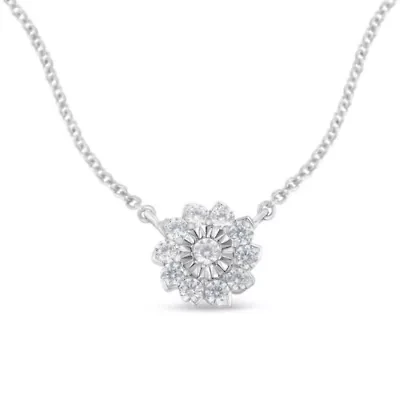 Silver 1/2 Cttw Diamond Flower Cluster Pendant Necklace with Cable Chain