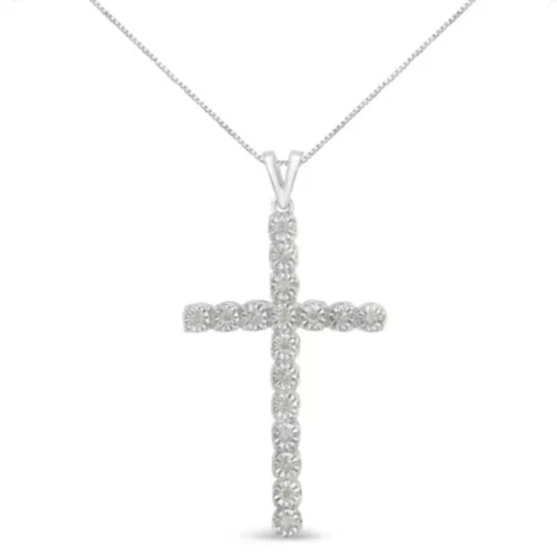 .925 Sterling Silver 1/4 Cttw Diamond Miracle Set Cross Unisex Pendant Necklace 18"