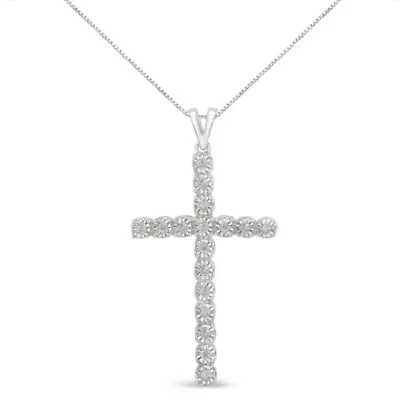 .925 Sterling Silver 1/4 Cttw Diamond Miracle Set Cross Unisex Pendant Necklace 18"
