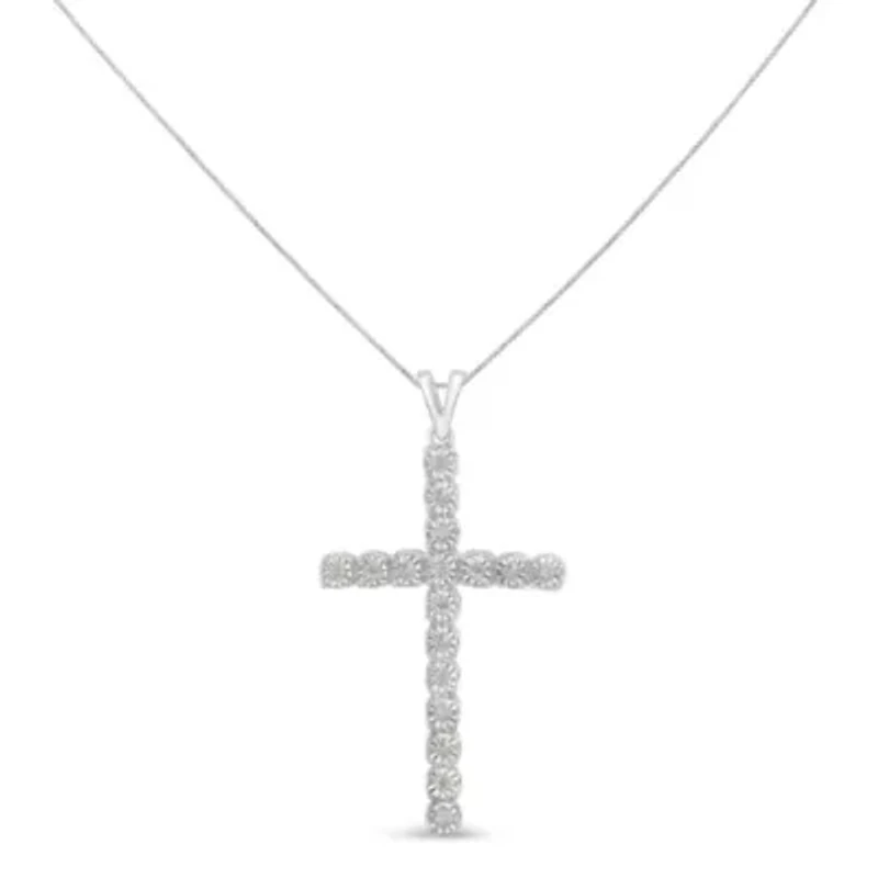 .925 Sterling Silver 1/4 Cttw Diamond Miracle Set Cross Unisex Pendant Necklace 18"