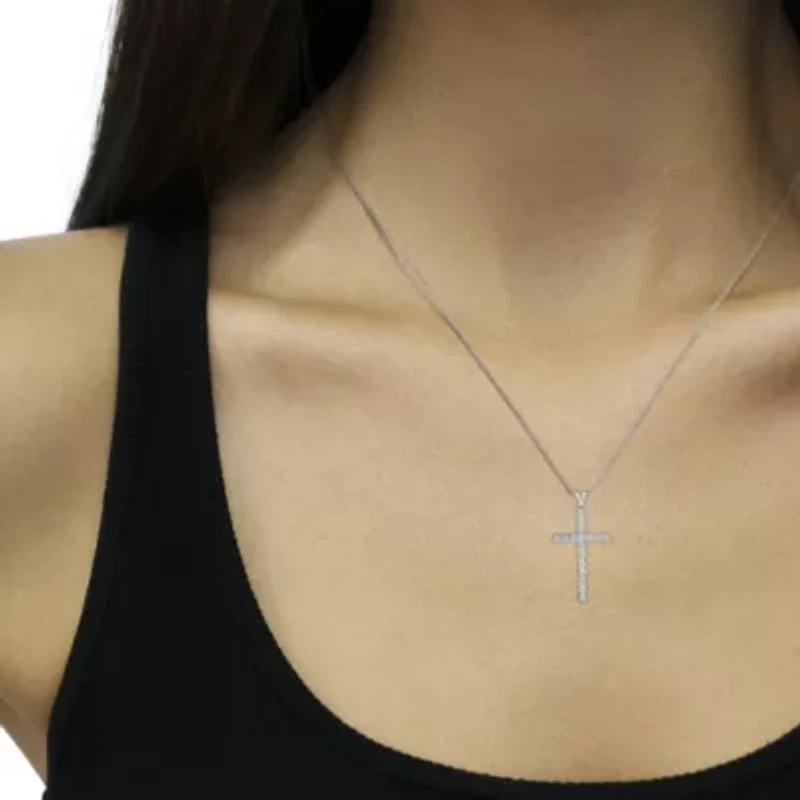 .925 Sterling Silver 1/4 Cttw Diamond Miracle Set Cross Unisex Pendant Necklace 18"