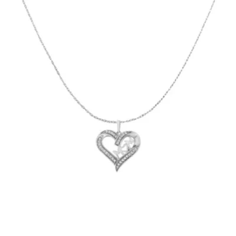 .925 Sterling Silver 1/4 cttw Diamond Engraved "Mom" in Heart Pendant Necklace