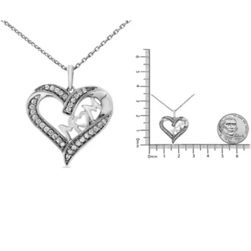 .925 Sterling Silver 1/4 cttw Diamond Engraved "Mom" in Heart Pendant Necklace