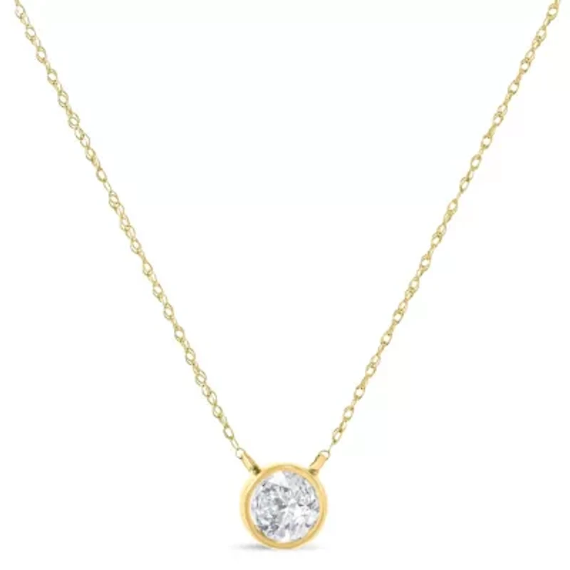 14K Yellow Gold Silver 1/3 Cttw Round Cut Diamond Bezel 18" Pendant Necklace