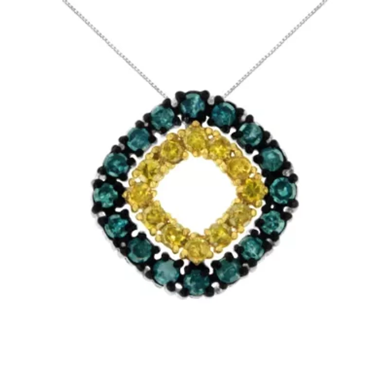 Silver 1/2 Cttw Treated Blue and Yellow Diamond Double Square 18" Pendant Necklace