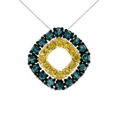 Silver 1/2 Cttw Treated Blue and Yellow Diamond Double Square 18" Pendant Necklace