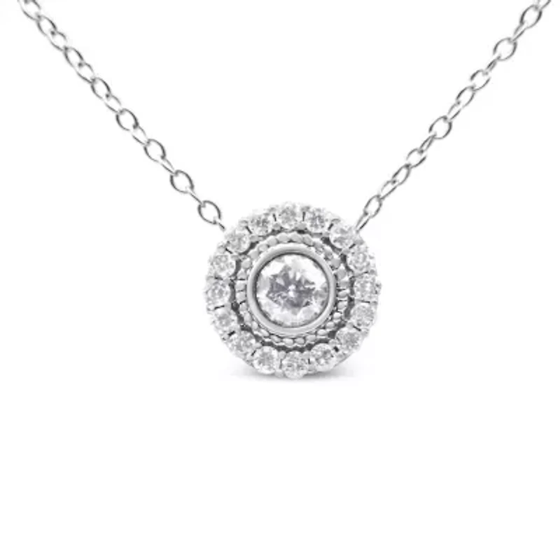 .925 Sterling Silver 1/2 Cttw Round Diamond Halo Circle Pendant 18" Necklace