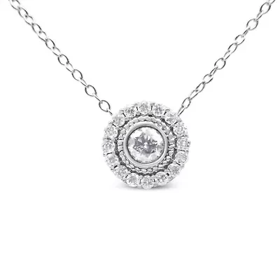 .925 Sterling Silver 1/2 Cttw Round Diamond Halo Circle Pendant 18" Necklace