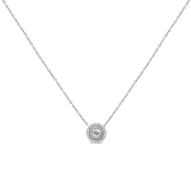 .925 Sterling Silver 1/2 Cttw Round Diamond Halo Circle Pendant 18" Necklace