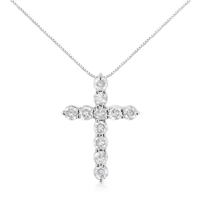 .925 Sterling Silver 1.0 Cttw Prong Set Diamond Cross 18" Pendant Necklace