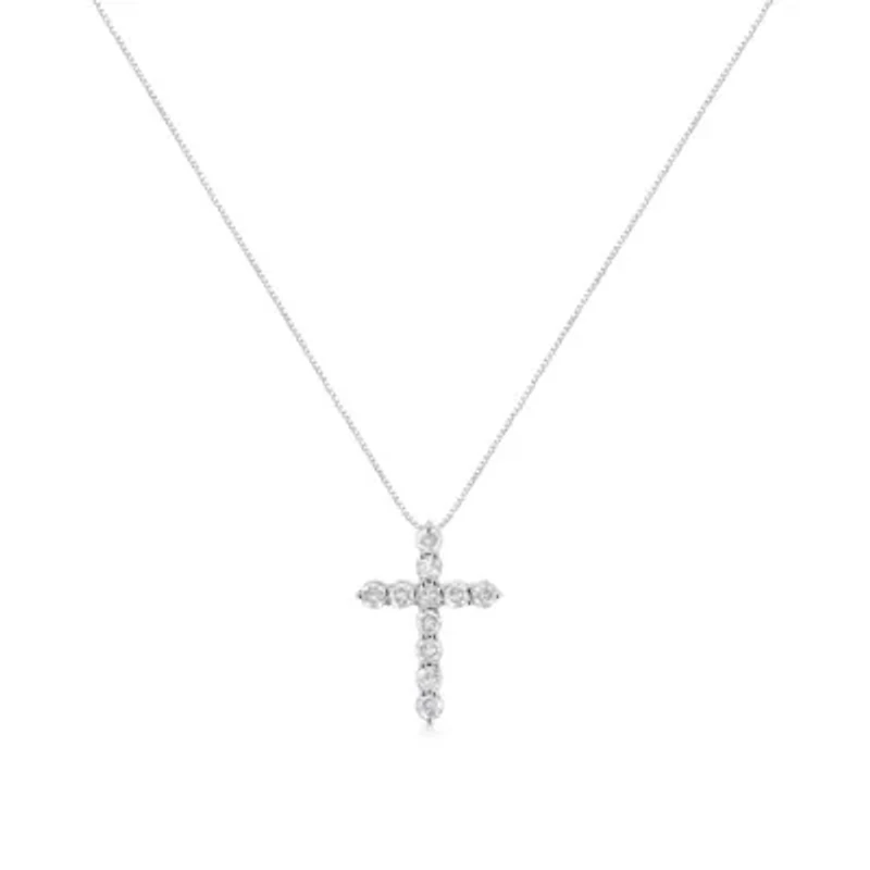 .925 Sterling Silver 1.0 Cttw Prong Set Diamond Cross 18" Pendant Necklace