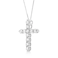 .925 Sterling Silver 1.0 Cttw Prong Set Diamond Cross 18" Pendant Necklace