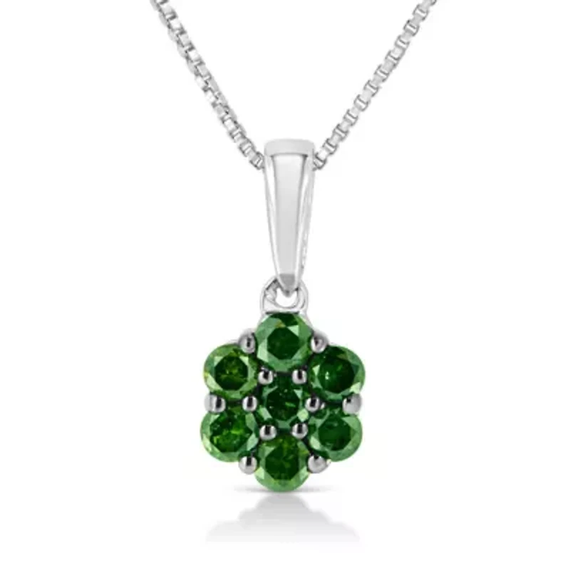 Silver 1/2 Cttw Prong Set Treated Green Diamond Floral Cluster 18" Pendant Necklace
