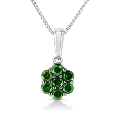 Silver 1/2 Cttw Prong Set Treated Green Diamond Floral Cluster 18" Pendant Necklace