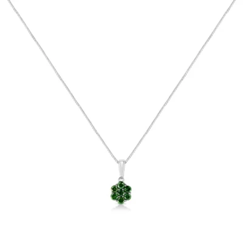 Silver 1/2 Cttw Prong Set Treated Green Diamond Floral Cluster 18" Pendant Necklace