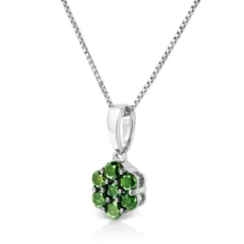 Silver 1/2 Cttw Prong Set Treated Green Diamond Floral Cluster 18" Pendant Necklace
