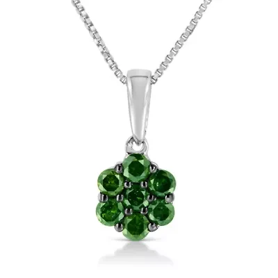 Silver 1/4 Cttw Color Treated Green Color Diamond Floral 18" Pendant Necklace