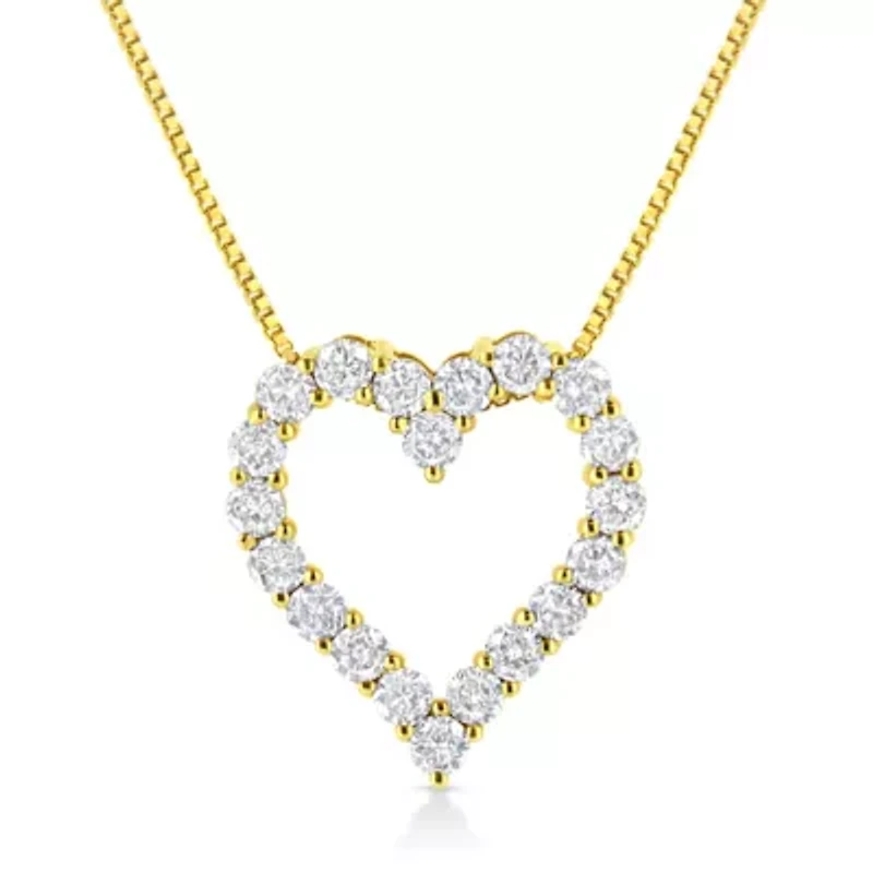 14K Yellow Gold Plated Silver 2.0 Cttw Diamond Classic Open Heart Pendant Necklace
