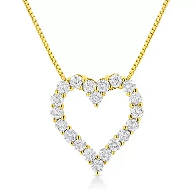 14K Yellow Gold Plated Silver 2.0 Cttw Diamond Classic Open Heart Pendant Necklace