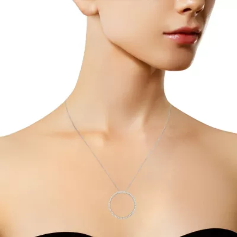 Silver 4 cttw Prong Set, Round-Cut Diamond Open Circle Hoop 18" Pendant Necklace