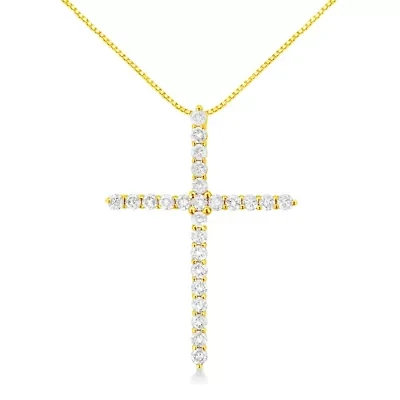 10K Yellow Gold Plated Silver 2.0 Cttw Round Cut Diamond Cross Pendant Necklace 18"