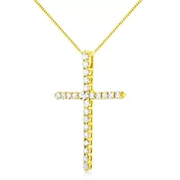 10K Yellow Gold Plated Silver 2.0 Cttw Round Cut Diamond Cross Pendant Necklace 18"
