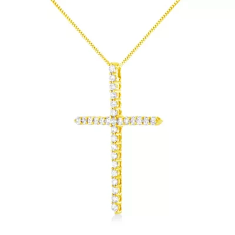 10K Yellow Gold Plated Silver 3.0 Cttw Diamond Cross 18" Pendant Necklace
