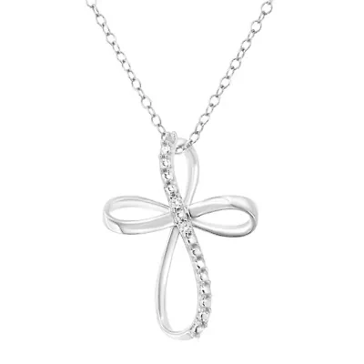 Sterling Silver Diamond Accent Cross Ribbon 18" Pendant Necklace