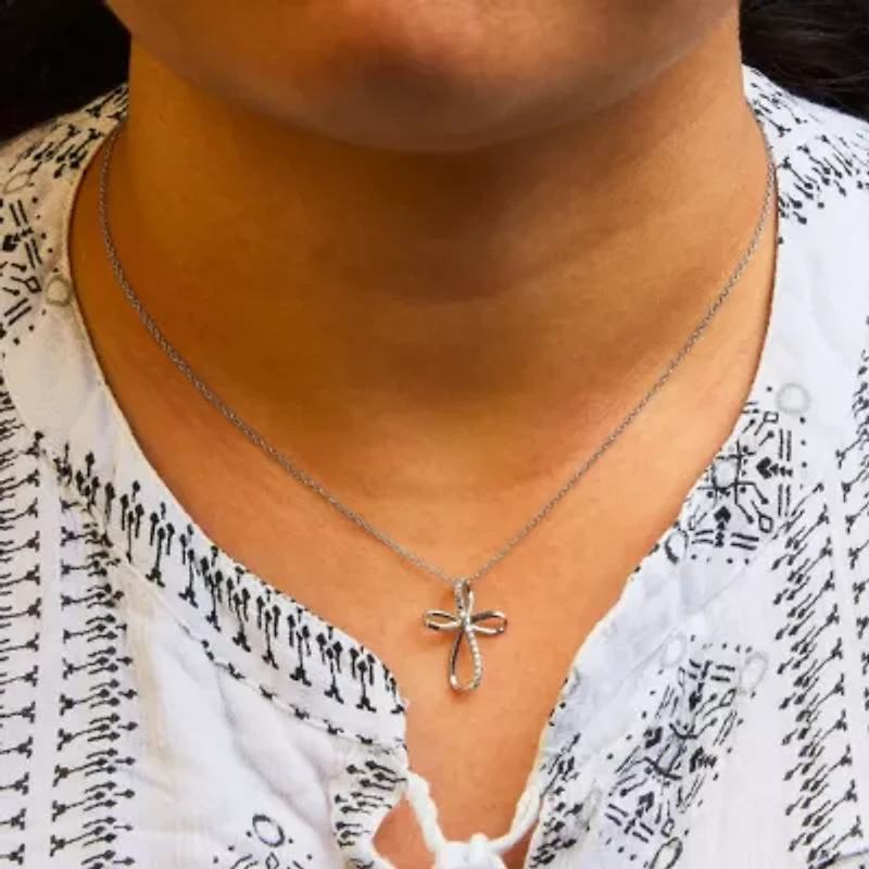 Sterling Silver Diamond Accent Cross Ribbon 18" Pendant Necklace
