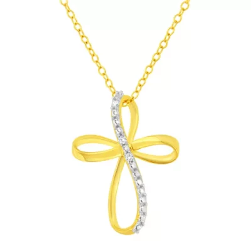 10K Yellow Gold Plated Silver Diamond Accent Cross Ribbon 18" Pendant Necklace