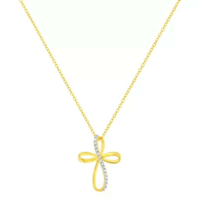 10K Yellow Gold Plated Silver Diamond Accent Cross Ribbon 18" Pendant Necklace
