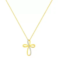 10K Yellow Gold Plated Silver Diamond Accent Cross Ribbon 18" Pendant Necklace