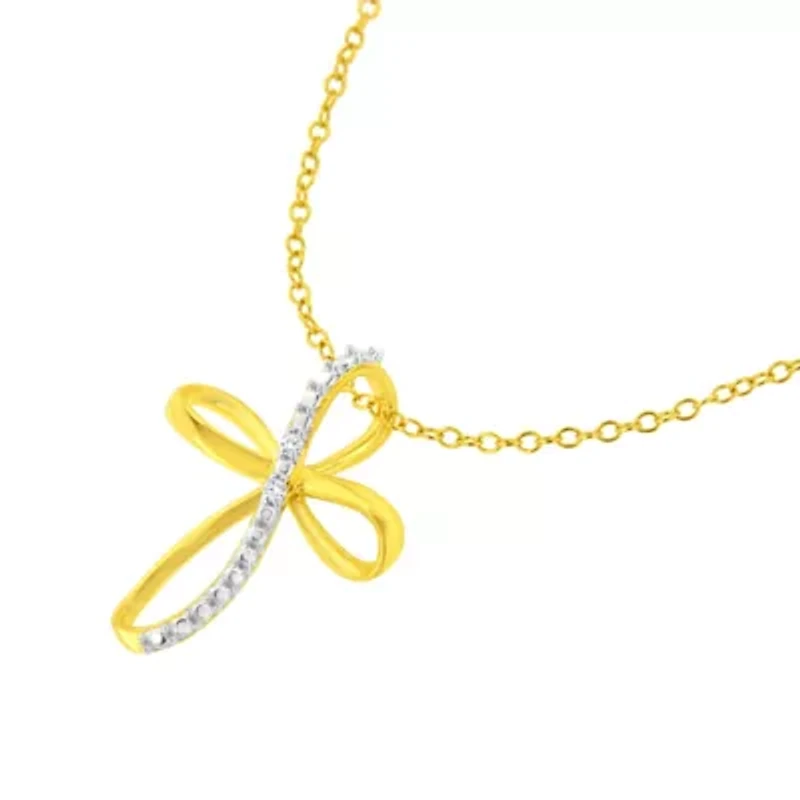 10K Yellow Gold Plated Silver Diamond Accent Cross Ribbon 18" Pendant Necklace