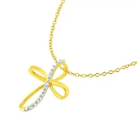 10K Yellow Gold Plated Silver Diamond Accent Cross Ribbon 18" Pendant Necklace