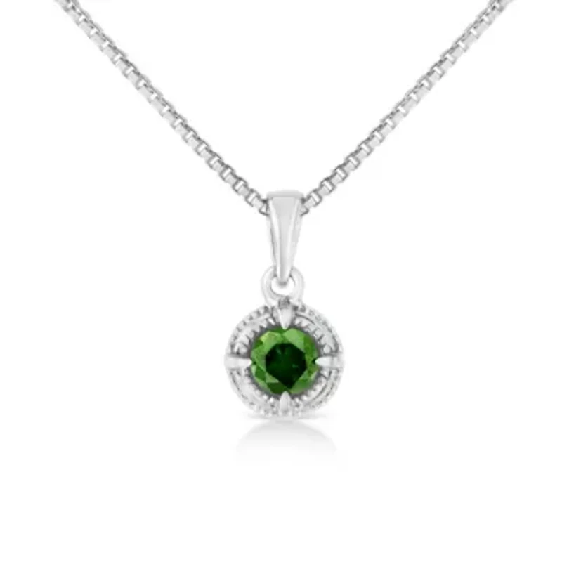 Silver 1/ Cttw Treated Green Diamond Solitaire 18" Milgrain Pendant Necklace