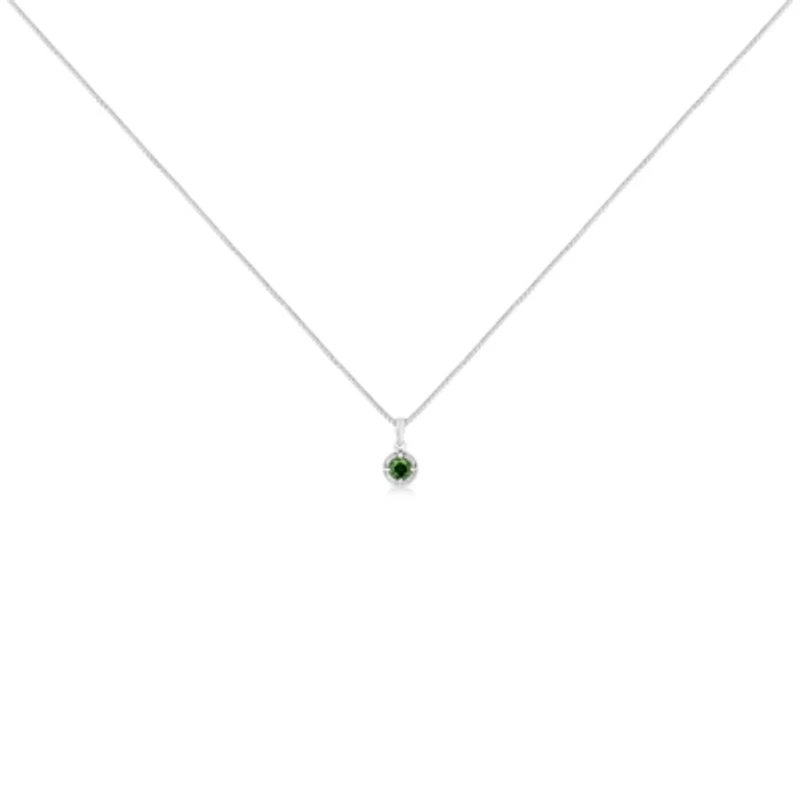 Silver 1/ Cttw Treated Green Diamond Solitaire 18" Milgrain Pendant Necklace