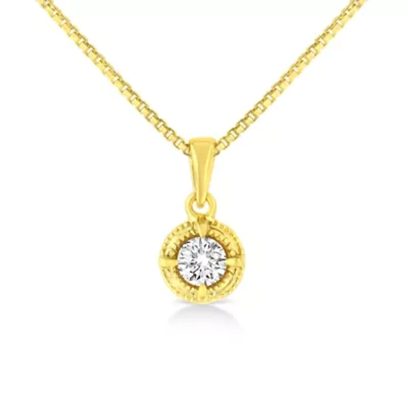 14K Yellow Gold Plated Silver / Cttw Diamond Solitaire Milgrain Pendant Necklace
