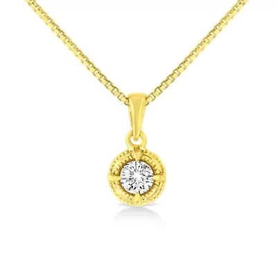 14K Yellow Gold Plated Silver / Cttw Diamond Solitaire Milgrain Pendant Necklace
