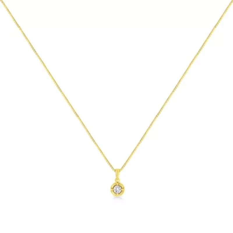 14K Yellow Gold Plated Silver / Cttw Diamond Solitaire Milgrain Pendant Necklace