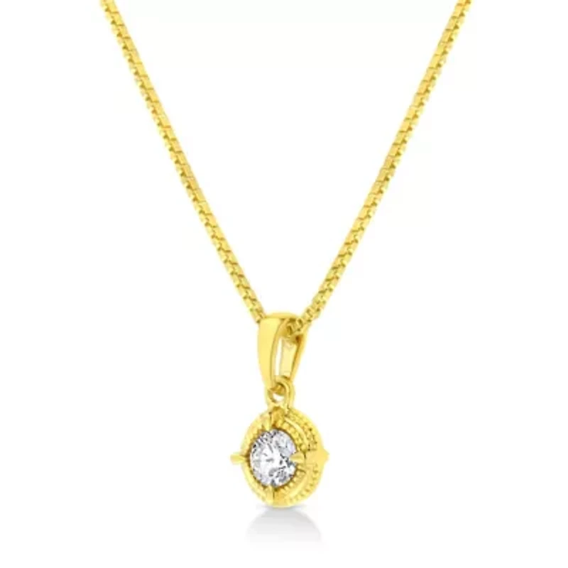14K Yellow Gold Plated Silver / Cttw Diamond Solitaire Milgrain Pendant Necklace