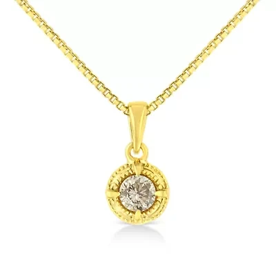 14K Yellow Gold Plated Silver 1/2 Cttw Diamond Solitaire Milgrain Pendant Necklace