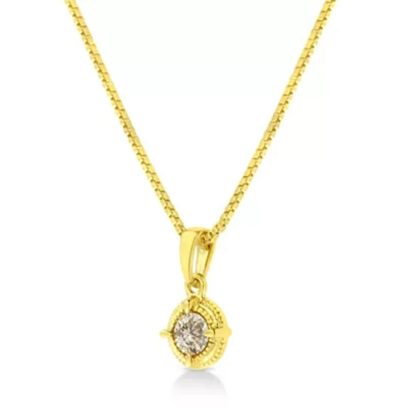 14K Yellow Gold Plated Silver 1/2 Cttw Diamond Solitaire Milgrain Pendant Necklace