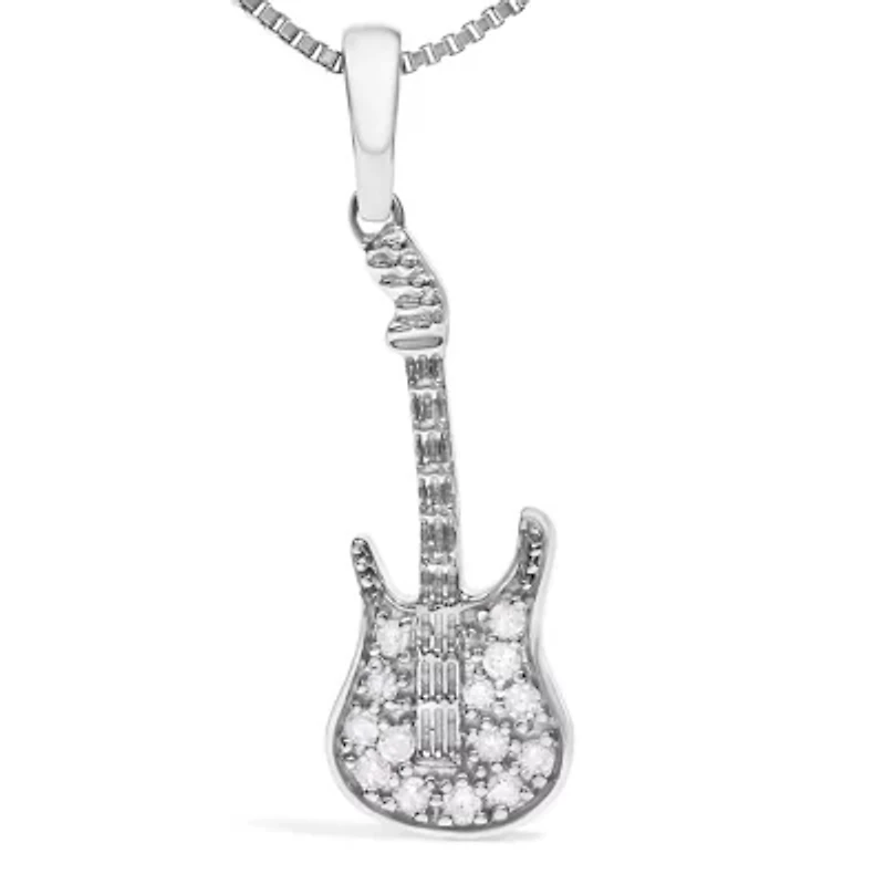 .925 Sterling Silver 1/10 Cttw Diamond Studded Guitar Pendant Necklace - 18" Inches