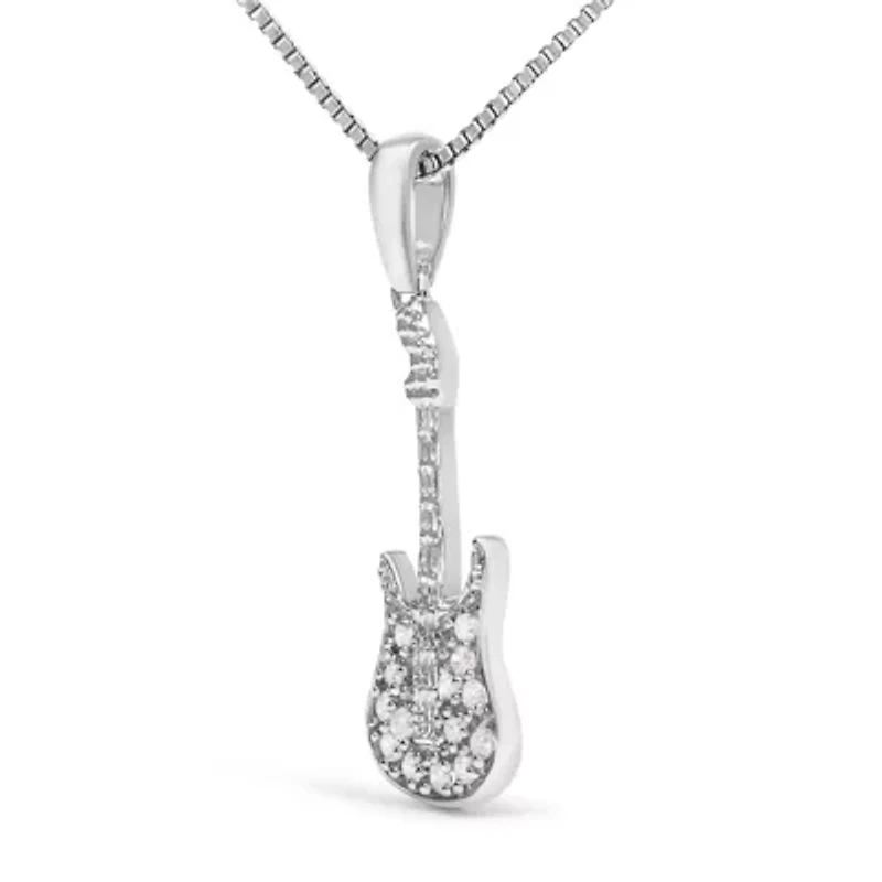 .925 Sterling Silver 1/10 Cttw Diamond Studded Guitar Pendant Necklace - 18" Inches