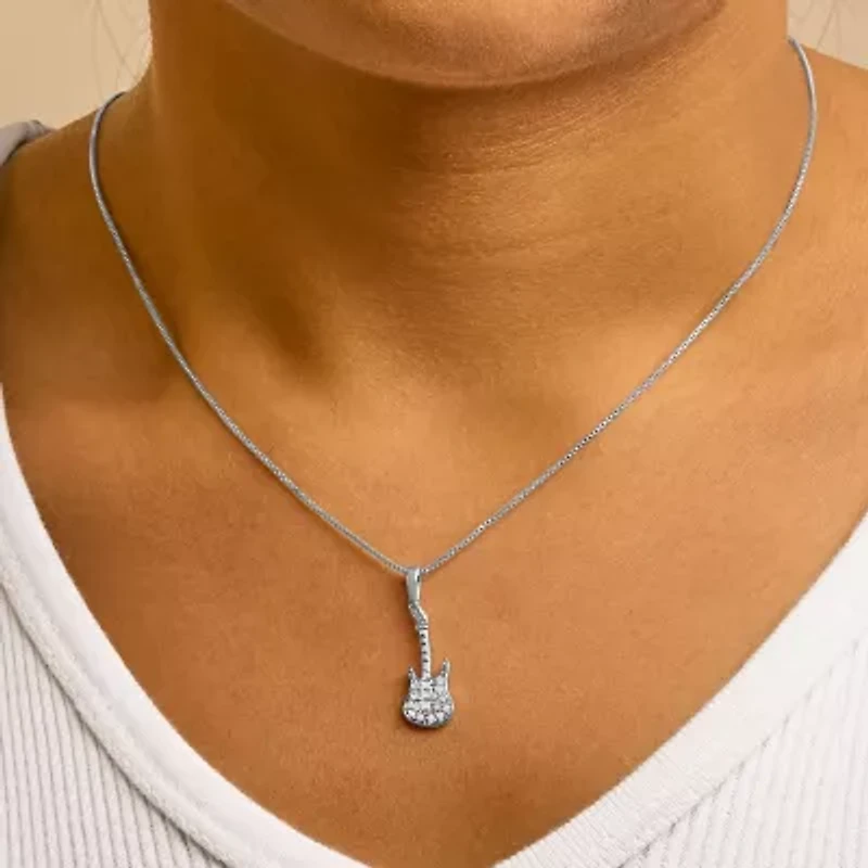 .925 Sterling Silver 1/10 Cttw Diamond Studded Guitar Pendant Necklace - 18" Inches