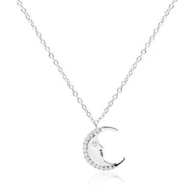 .925 Sterling Silver 1/10ct Diamond Crescent Man on the Moon 18" Pendant Necklace