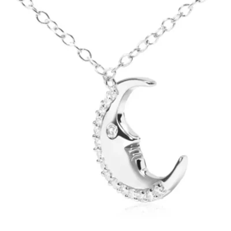 .925 Sterling Silver 1/10ct Diamond Crescent Man on the Moon 18" Pendant Necklace
