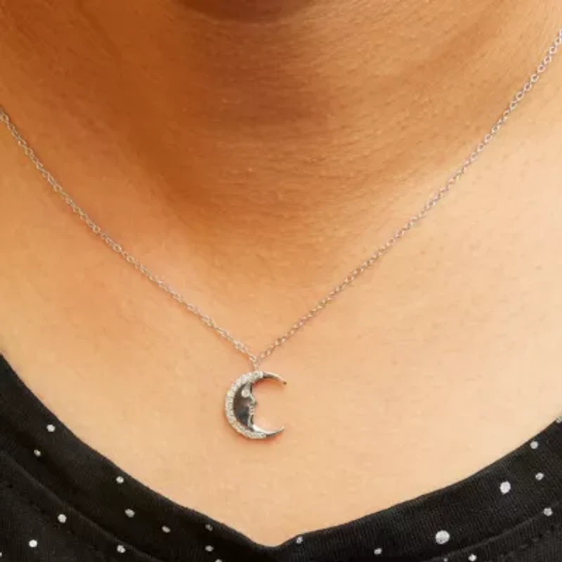 .925 Sterling Silver 1/10ct Diamond Crescent Man on the Moon 18" Pendant Necklace