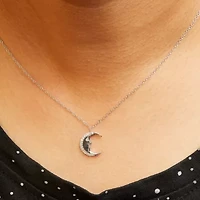 .925 Sterling Silver 1/10ct Diamond Crescent Man on the Moon 18" Pendant Necklace