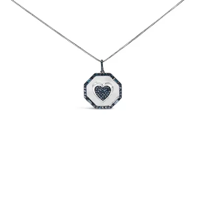 Silver 5/8 Cttw Blue Diamond Mirror Plate Heart and Diamond Halo Pendant Necklace